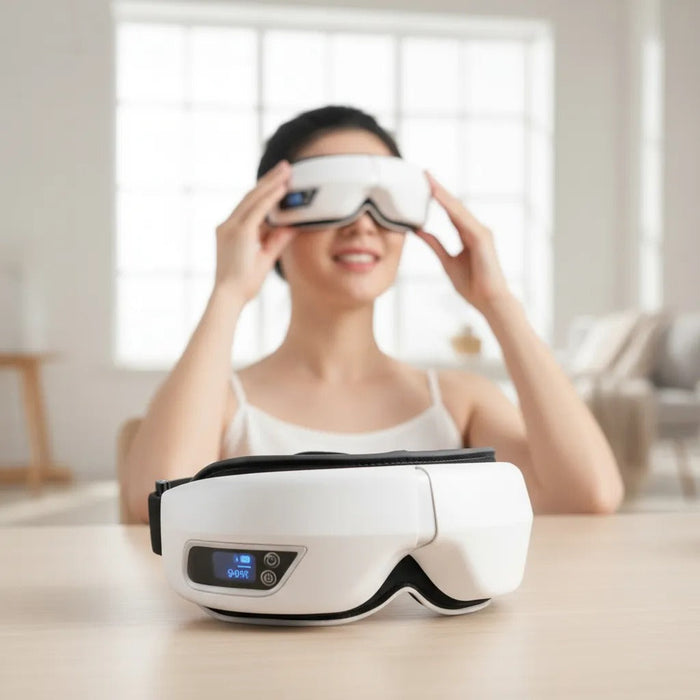 Masajeador de ojos blanco con panel digital sobre una mesa, mujer colocándoselo al fondo