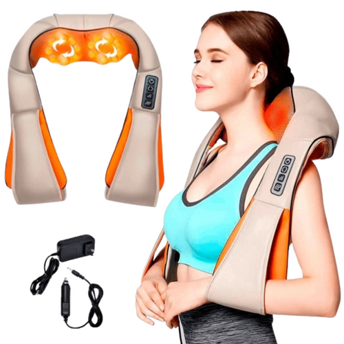 Masajeador cervical shiatsu con calor apoyado sobre cuello y hombros