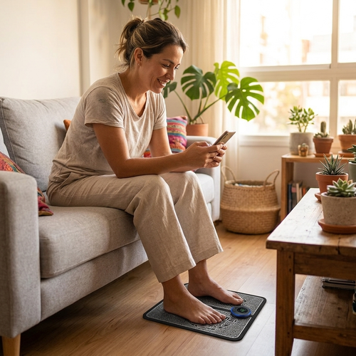 Mujer descansando en el sofá con los pies sobre el masajeador