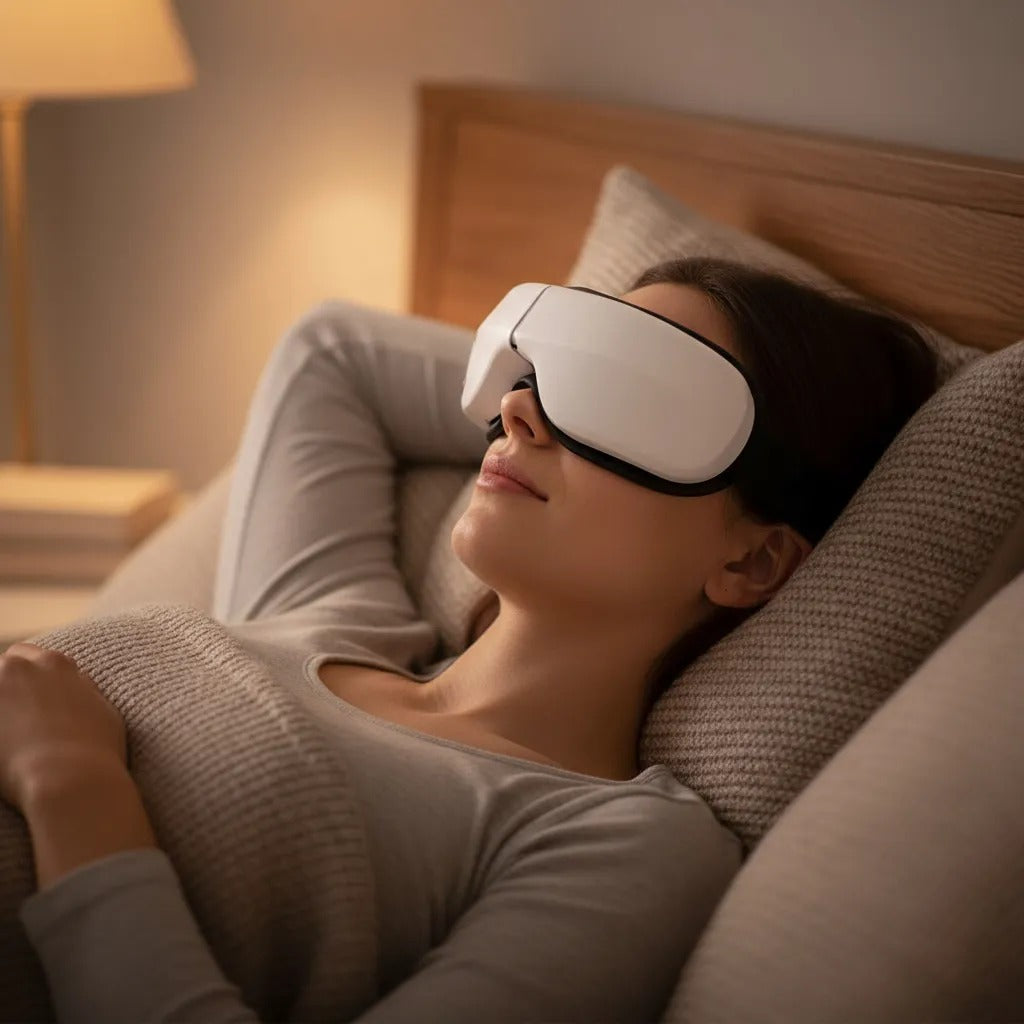 Mujer recostada en la cama con el masajeador de ojos puesto, luz cálida